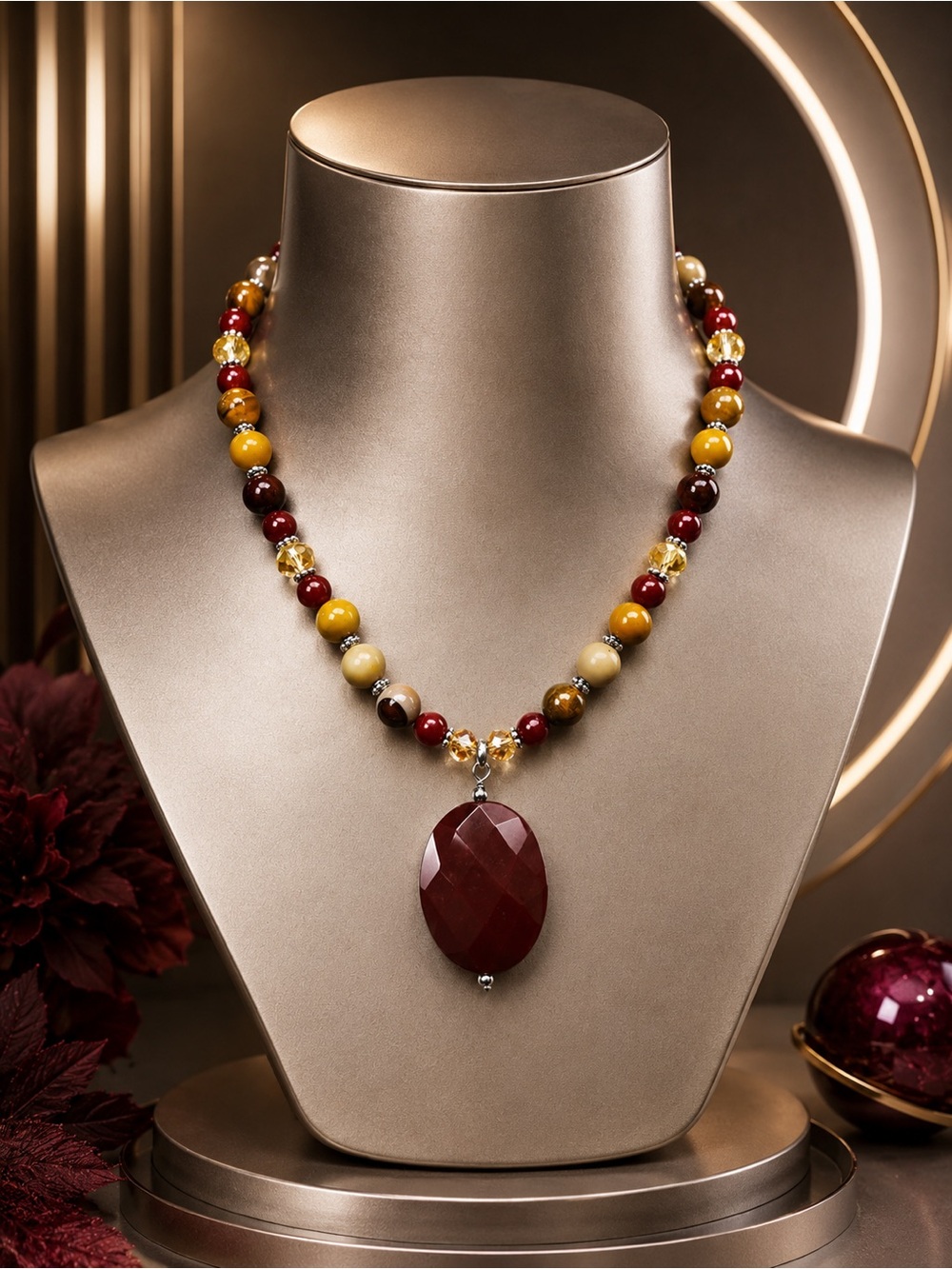 🆕❤️Mookaite Semi Precious Necklace with Deep Red Faceted Agate Pendant